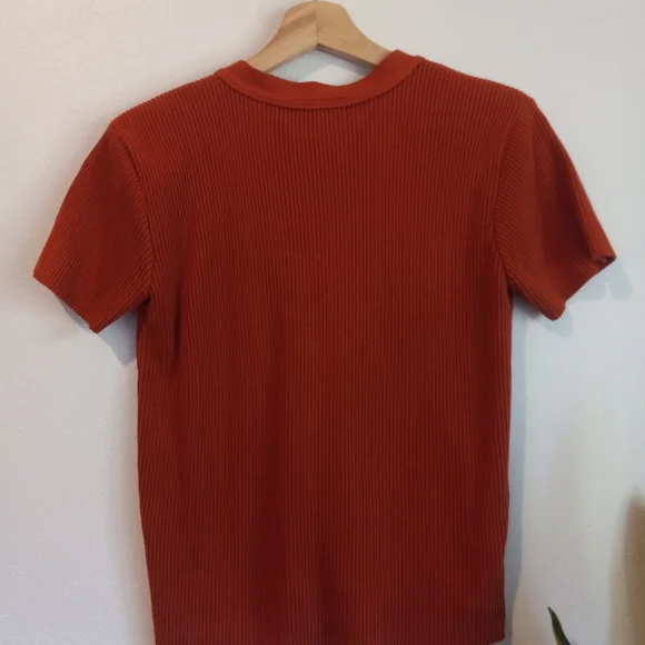 Vintage Clio burnt orange ribbed button down short sleeve sweater size Large - Picture 5 of 5
